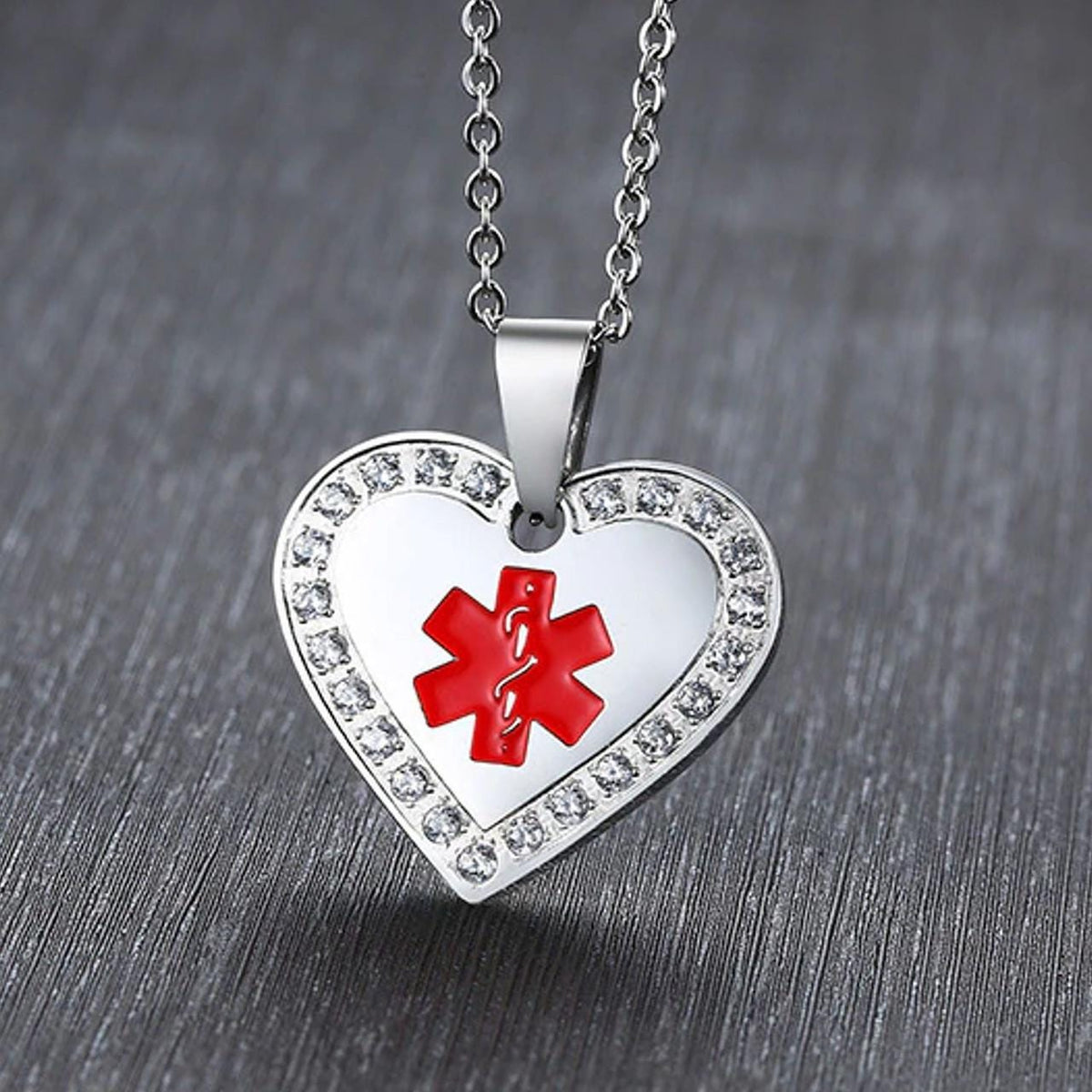 Cubic Zirconia Heart Medical ID Necklace