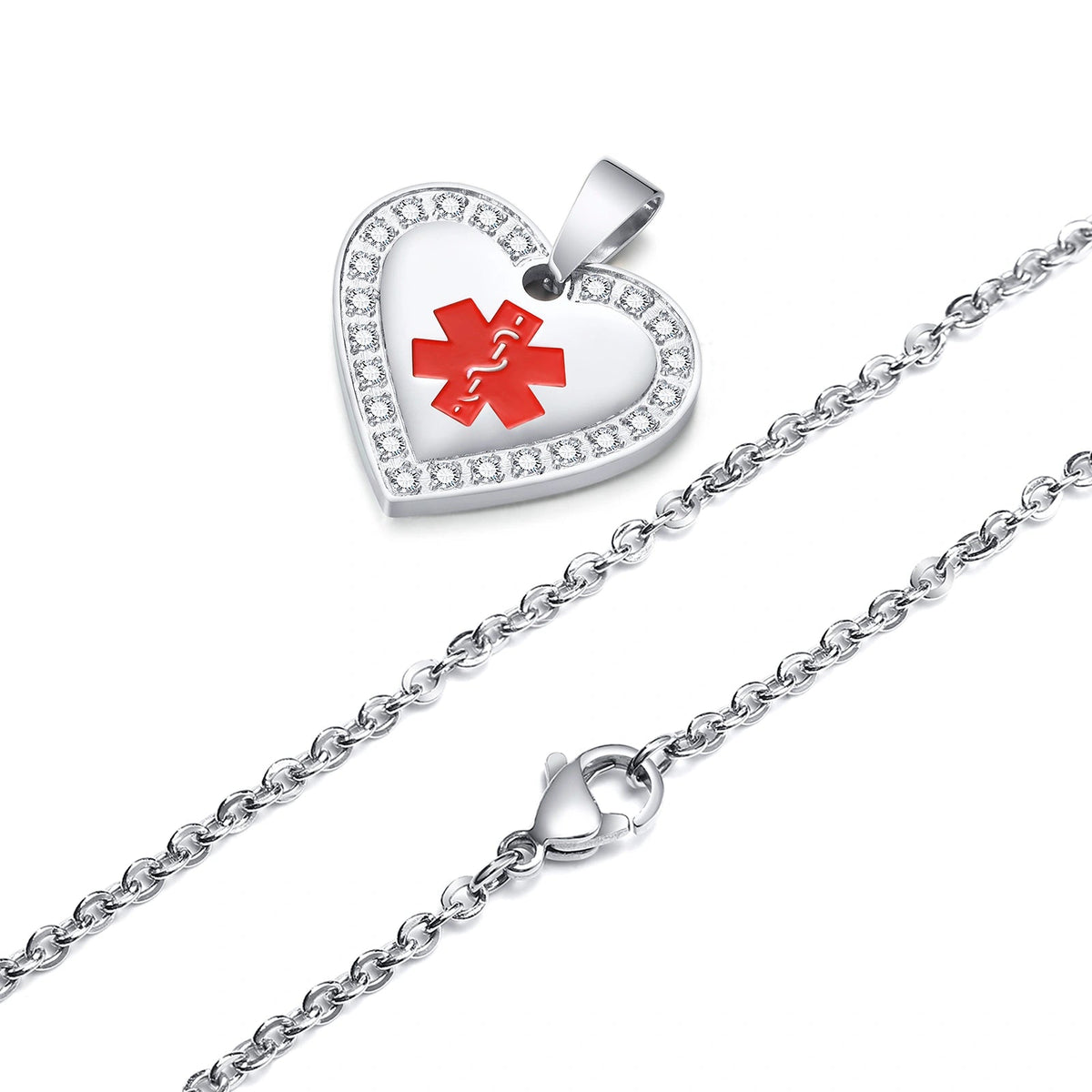 Cubic zirconia medical alert heart pendant with chain and lobster clasp detail