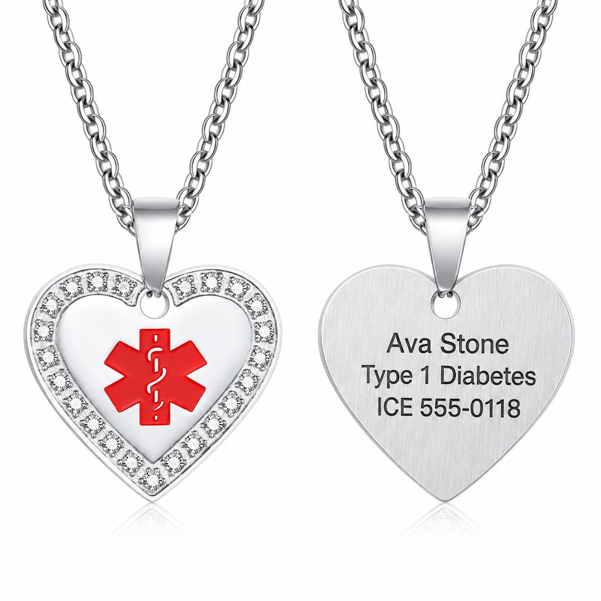 Personalized Heart Medical Alert Necklace with Cubic Zirconia — original front and sample engraving on the reverse