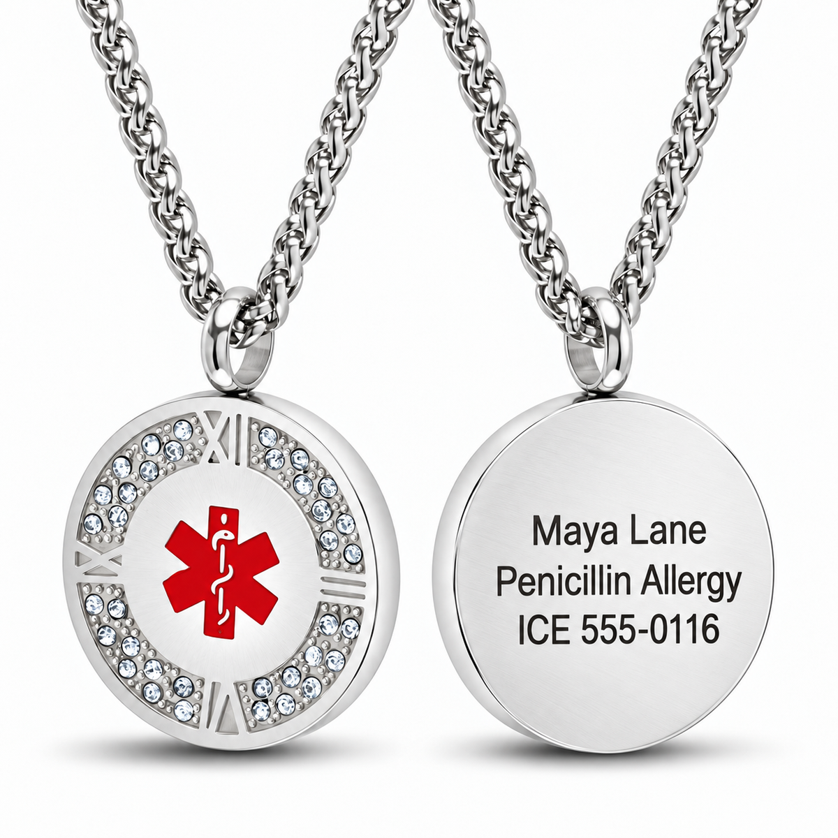 Stainless Steel Quality Medical ID Round Pendant With CZ- Free Engraving — sample personalized engraving on the reverse