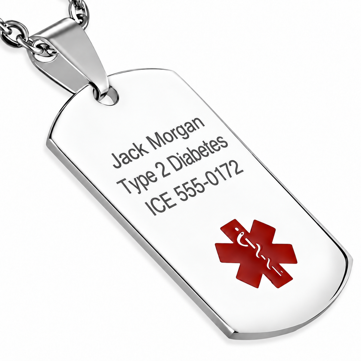 USMedID FG0950 necklace with an example engraved on its front