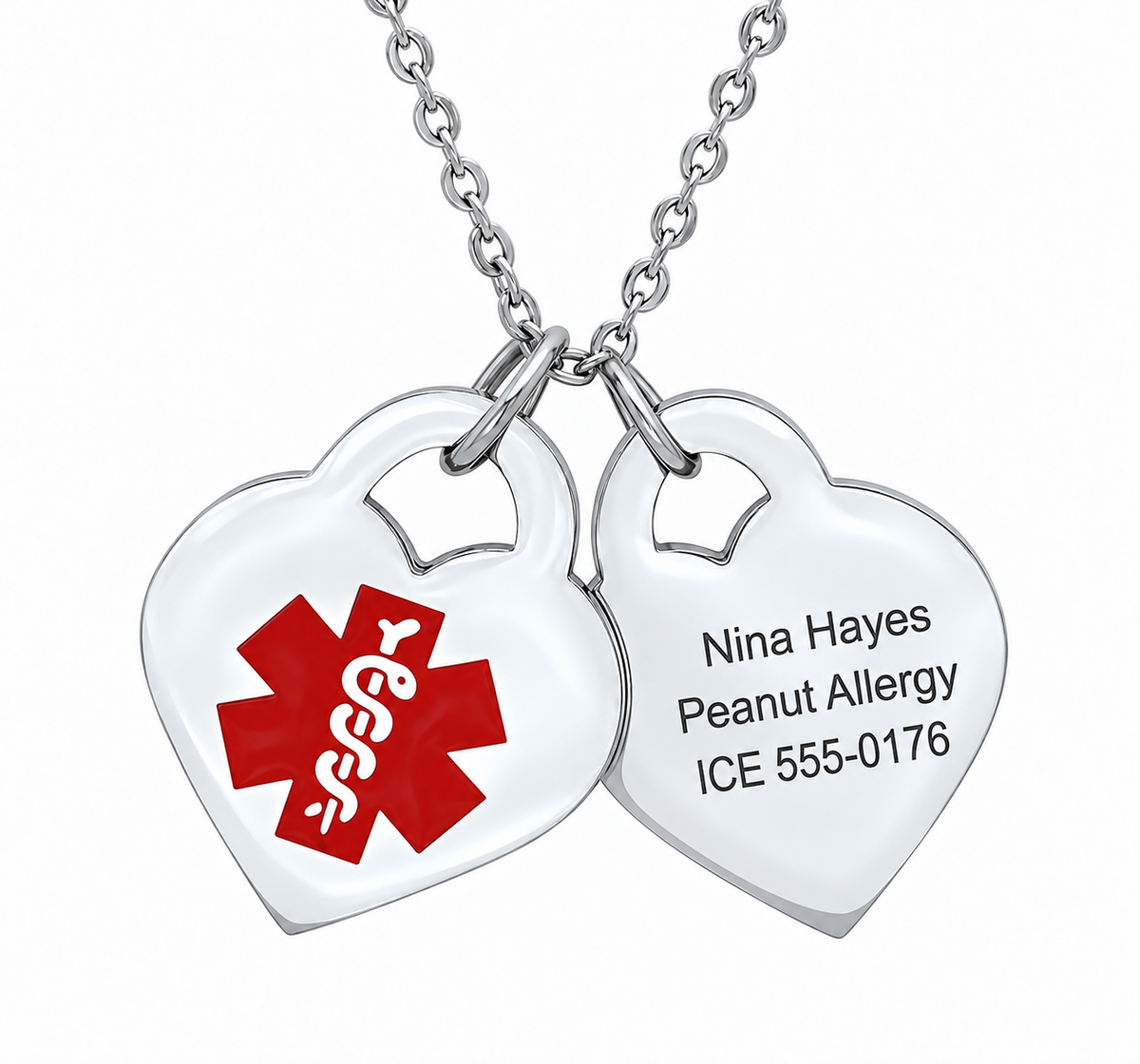 Stainless Steel Medical Alert ID Double Heart Pendant Necklace-Free Engraving — sample personalized engraving on the front