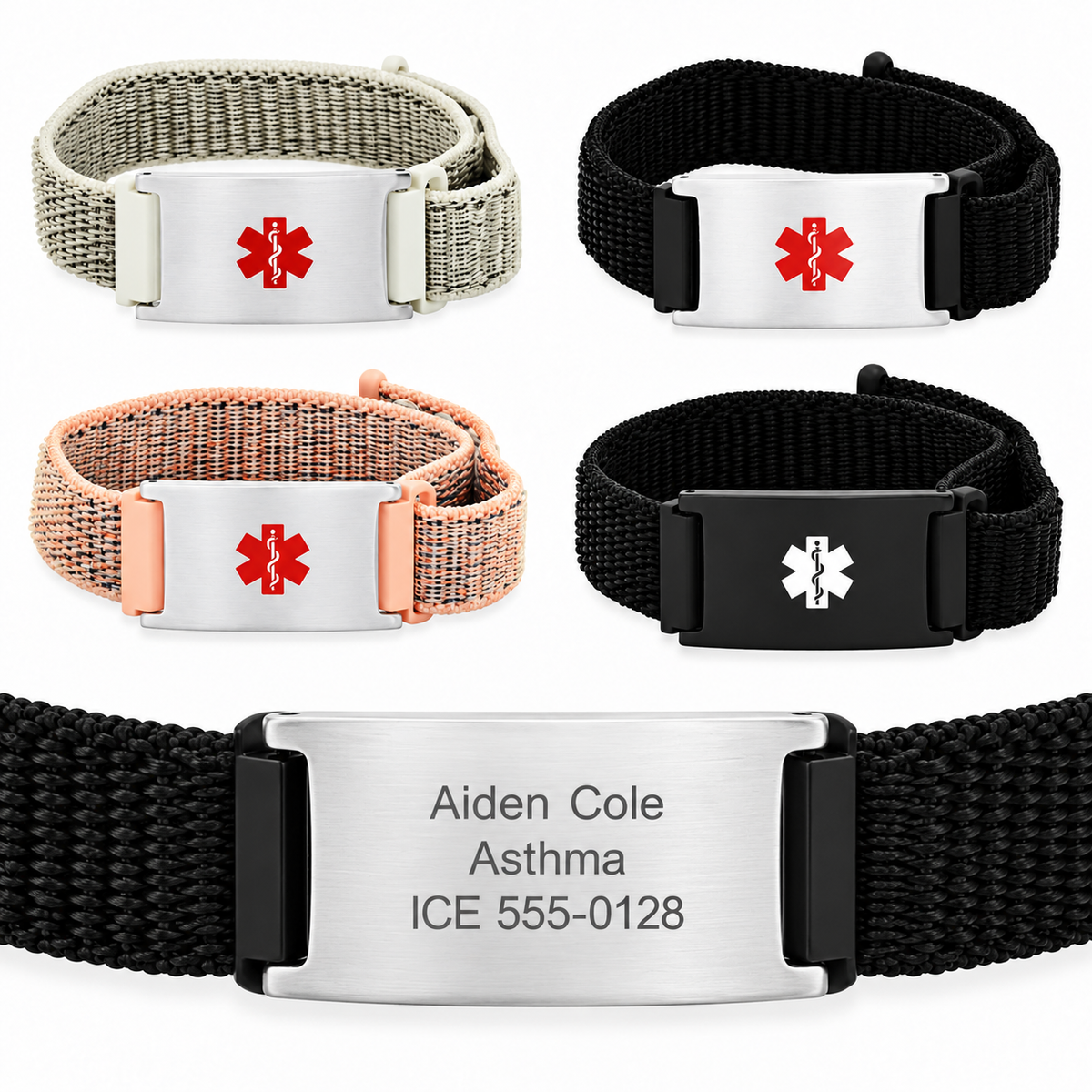 Personalized Quality Medical ID Bracelet With Adjustable Lightweight Nylon Strap- Free Engraving with sample reverse engraving