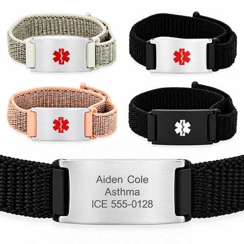 Personalized Quality Medical ID Bracelet With Adjustable Lightweight Nylon Strap- Free Engraving with sample reverse engraving