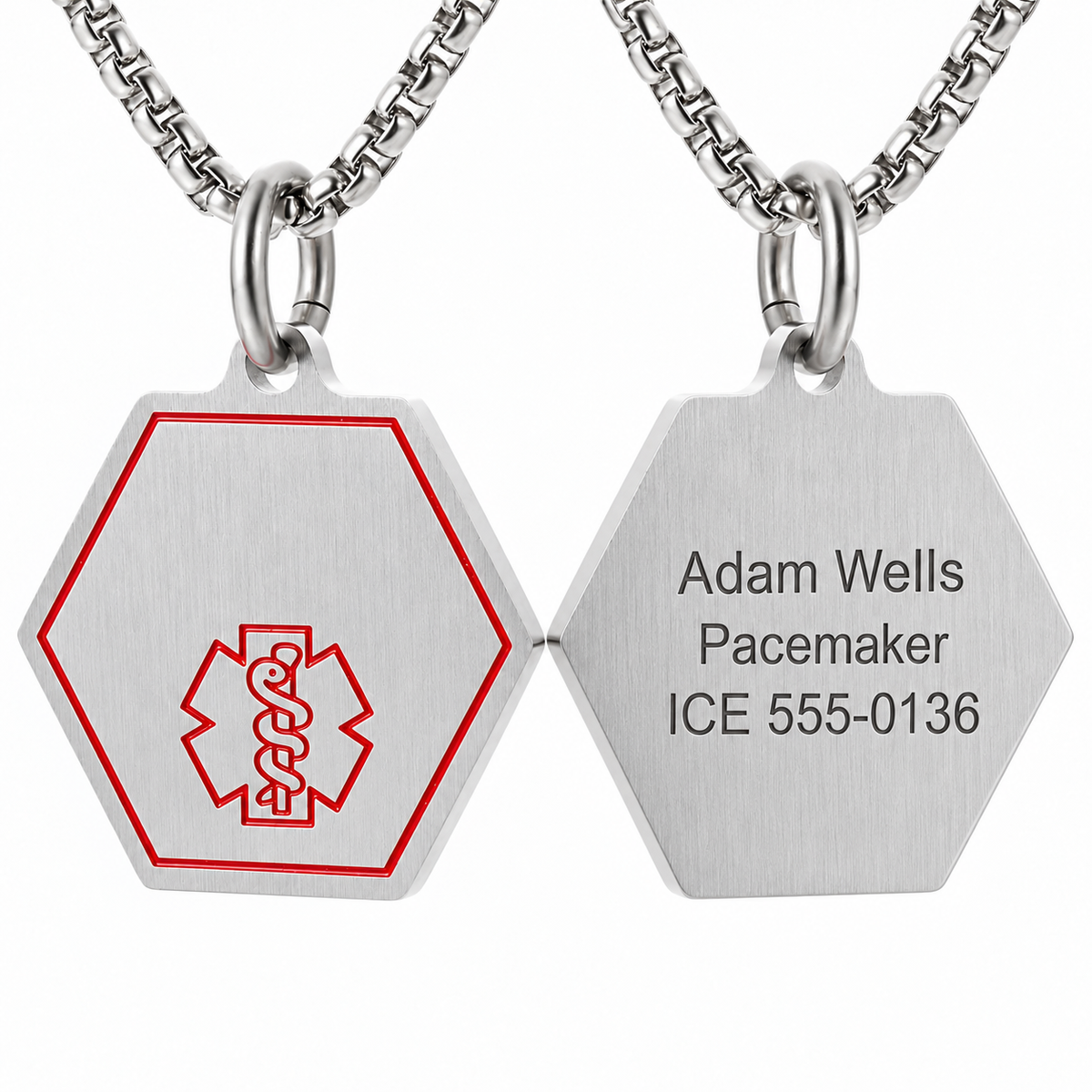 FG2199 stainless steel medical ID pendant, original front beside reverse with sample engraving