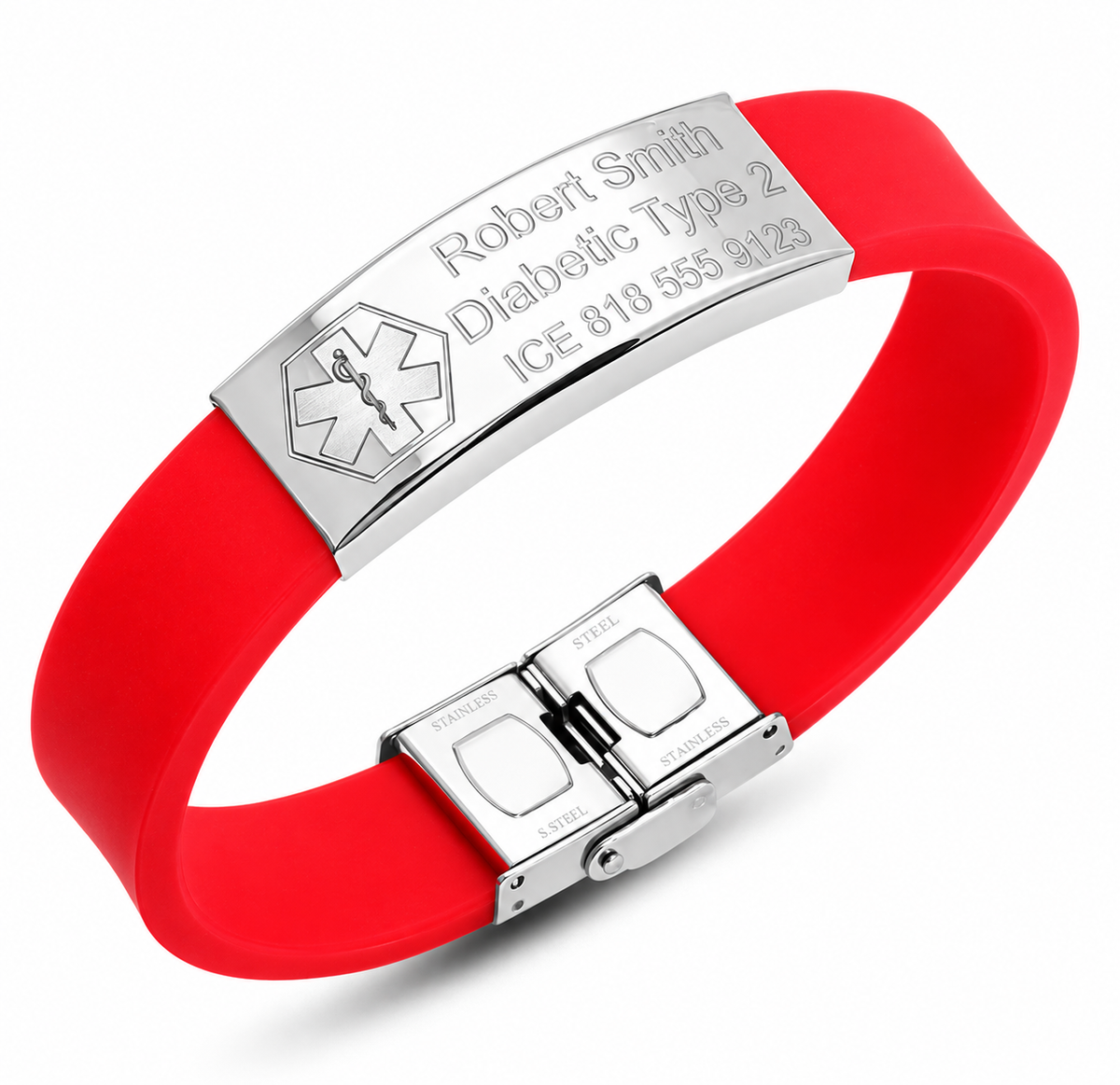 Personalized Stainless Steel With Red Rubber Medical Bracelet- Free Engraving