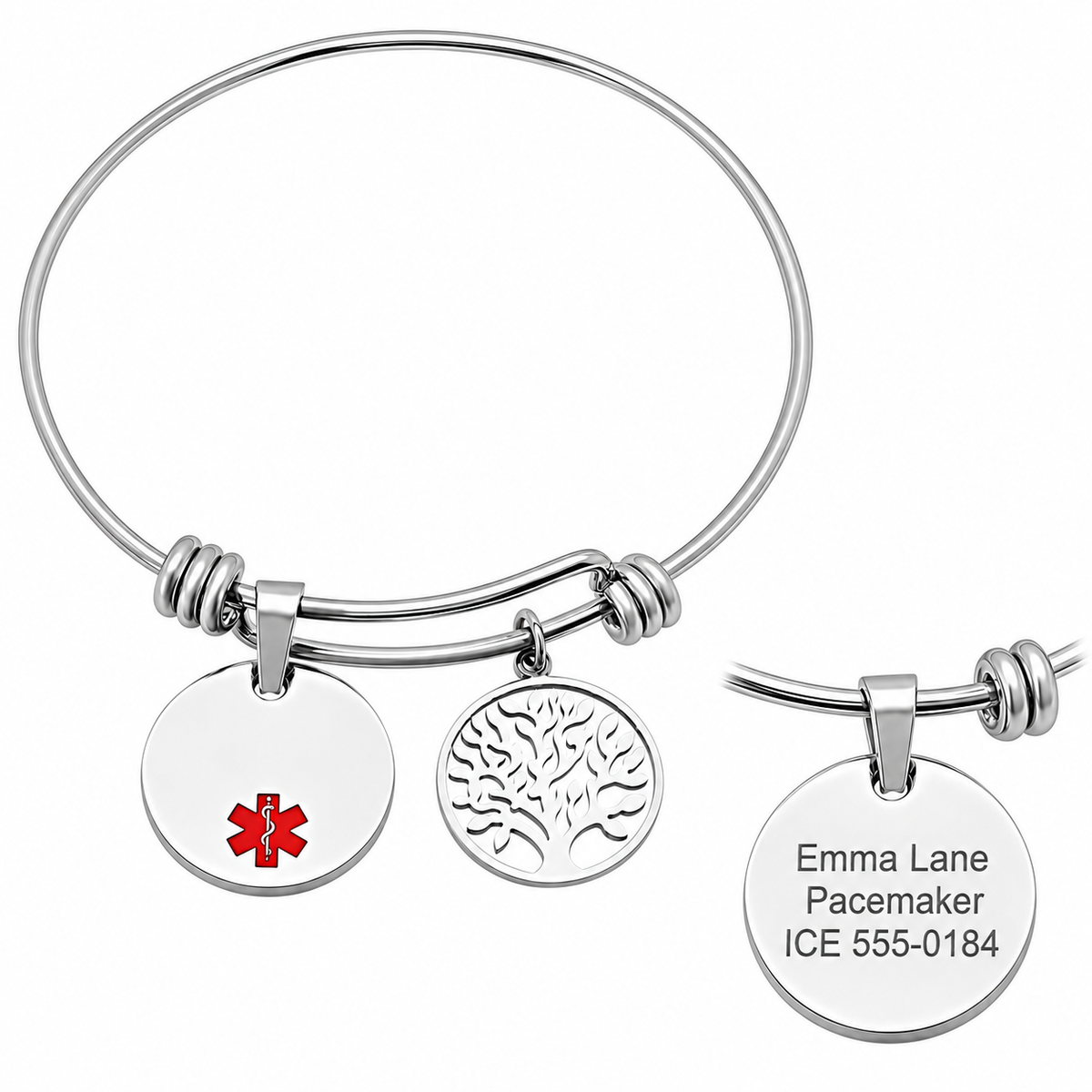 Personalized Bangle with Round Charm Stainless Steel Medical ID Bracelet - Free engraving with sample reverse engraving