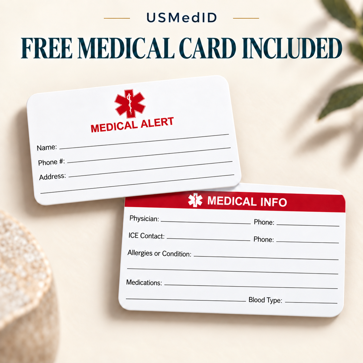 Free USMedID medical information card included with your order.