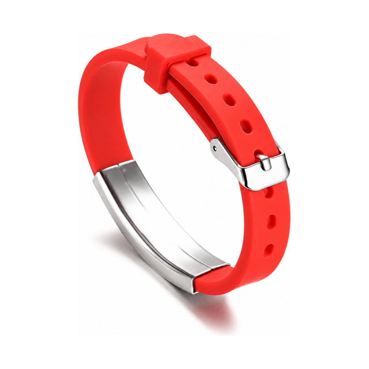 Rear view of the red silicone medical ID bracelet showing its adjustable silver buckle and ID plate