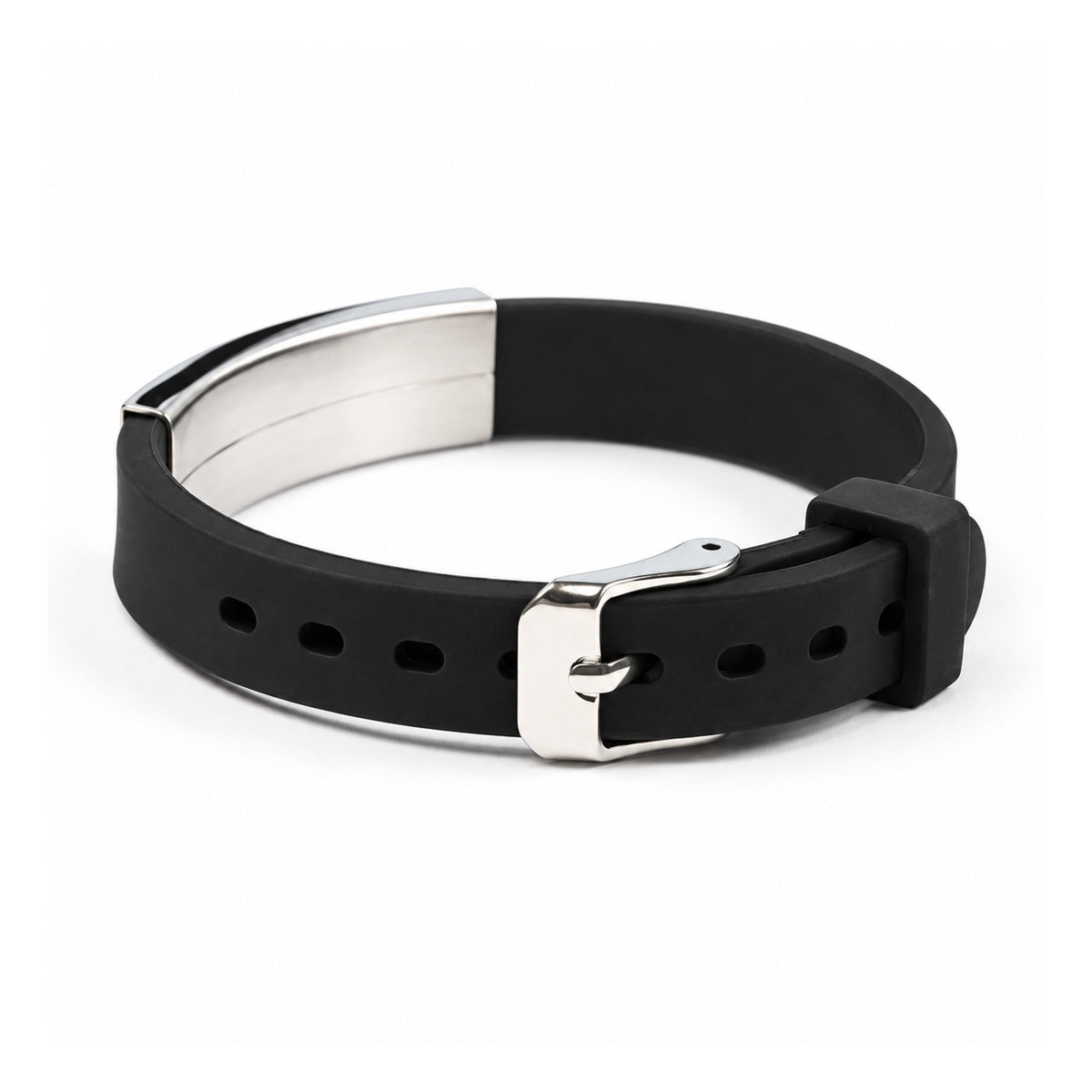 Rear view of the black silicone medical ID bracelet showing its adjustable silver buckle and ID plate