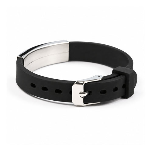 Rear view of the black silicone medical ID bracelet showing its adjustable silver buckle and ID plate