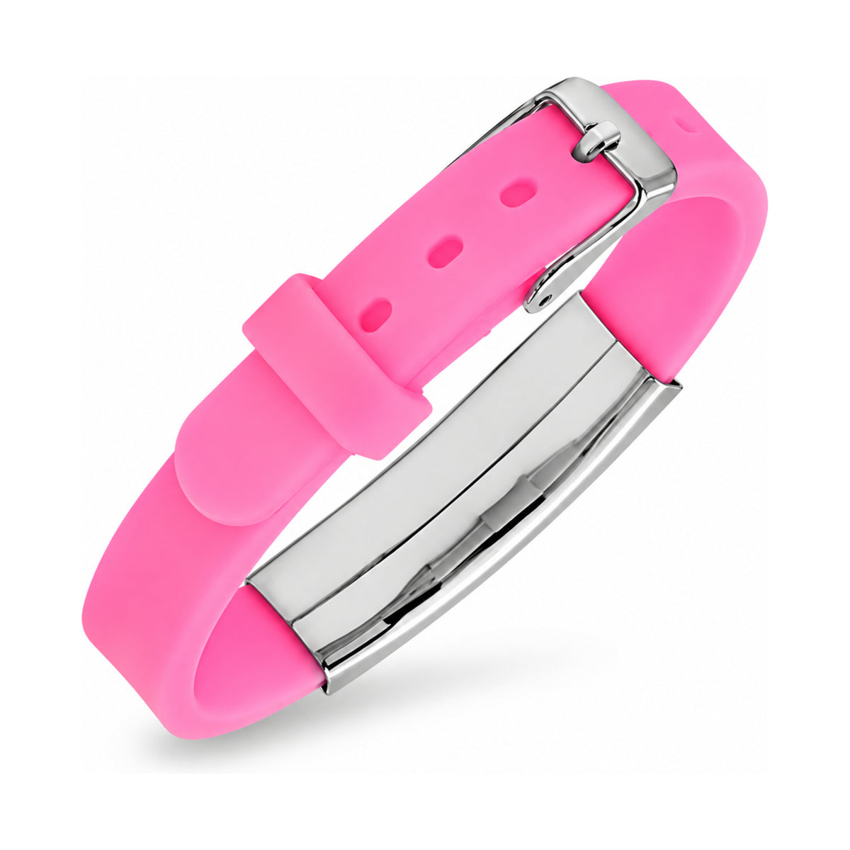 Rear view of the pink silicone medical ID bracelet showing its adjustable silver buckle and ID plate