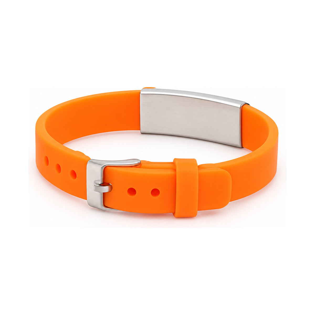 Orange adjustable silicone medical ID bracelet, rear view showing stainless steel clasp and adjustable band