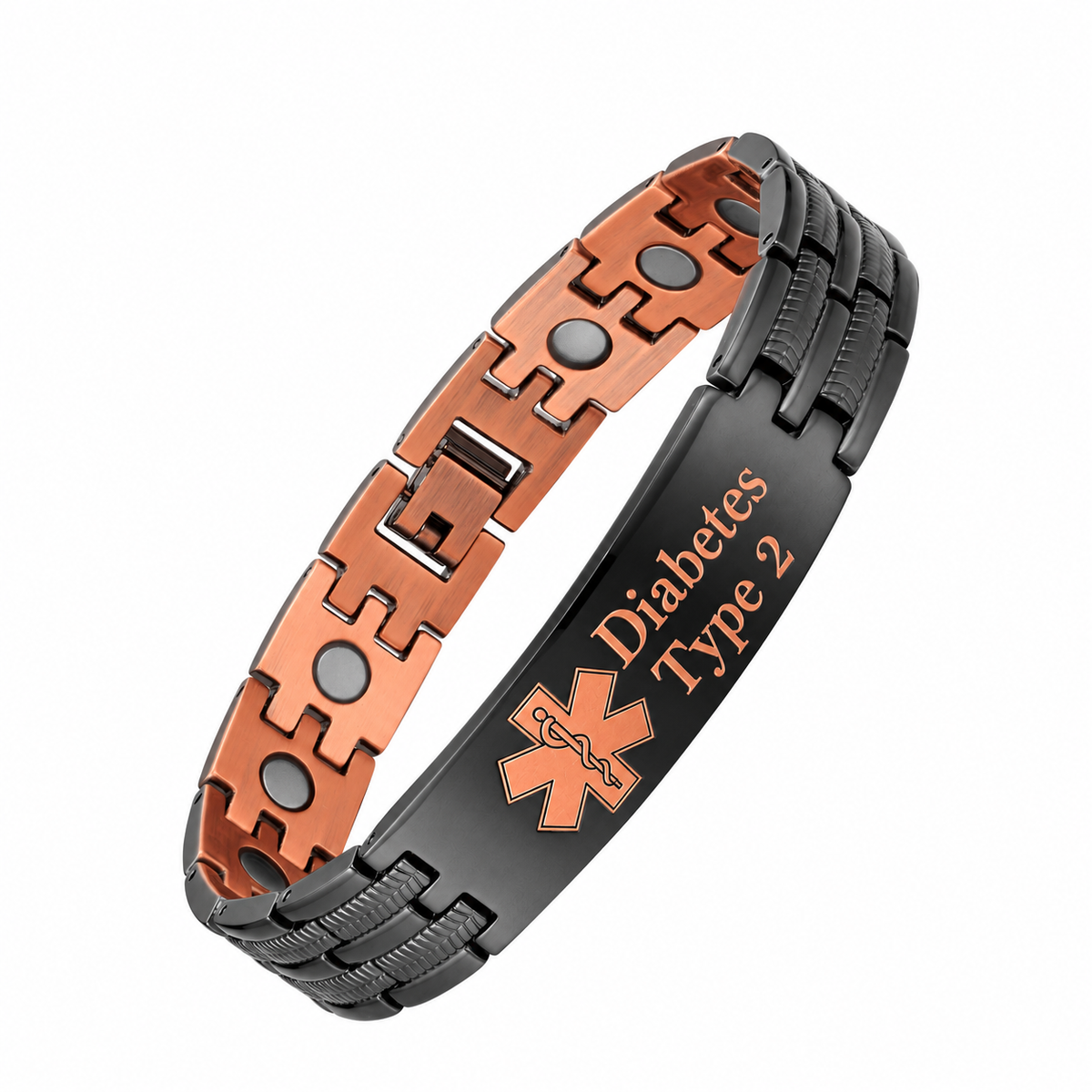 Black textured-link copper medical ID bracelet with medical symbol and sample Diabetes Type 2 engraving