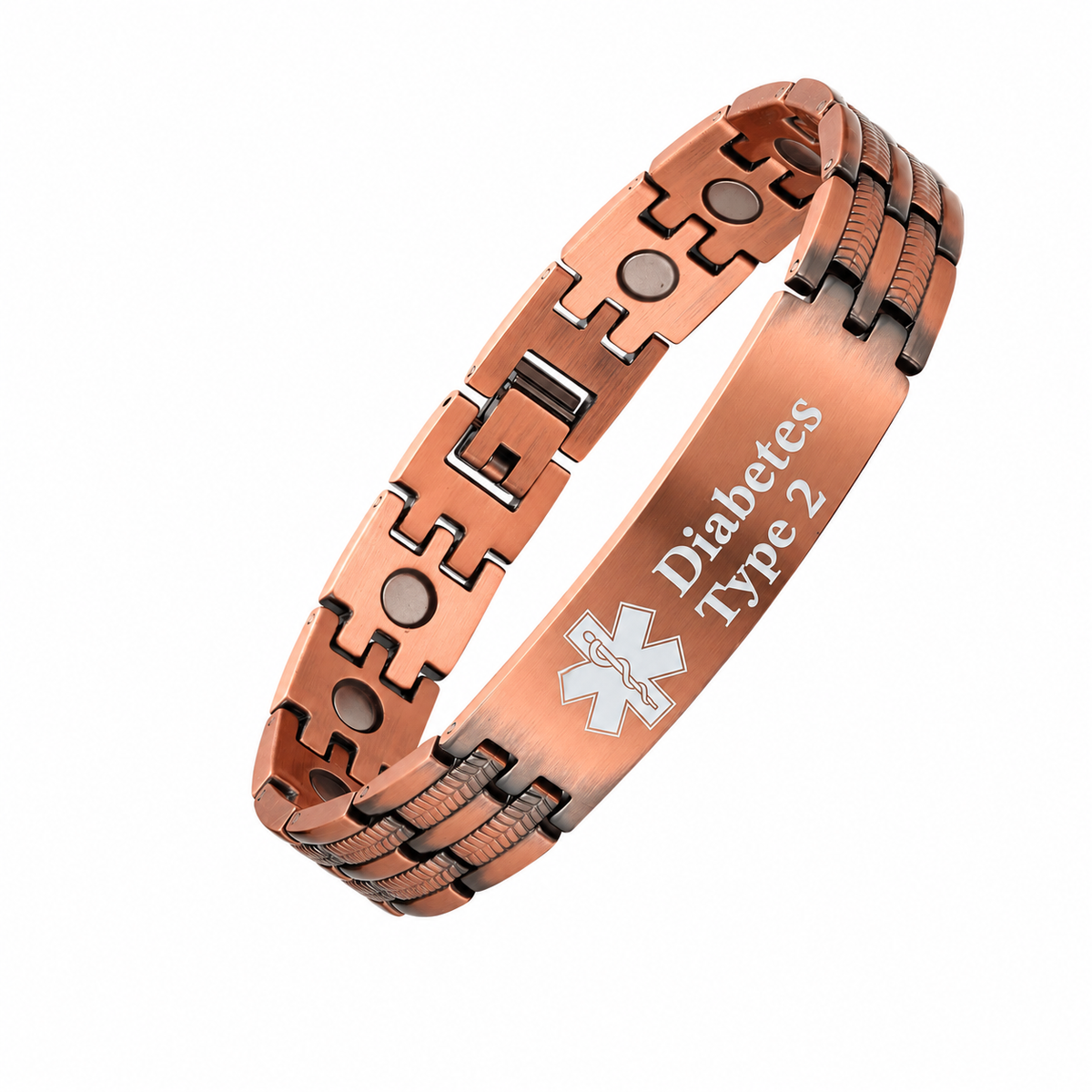 Copper textured-link medical ID bracelet with medical symbol and sample Diabetes Type 2 engraving