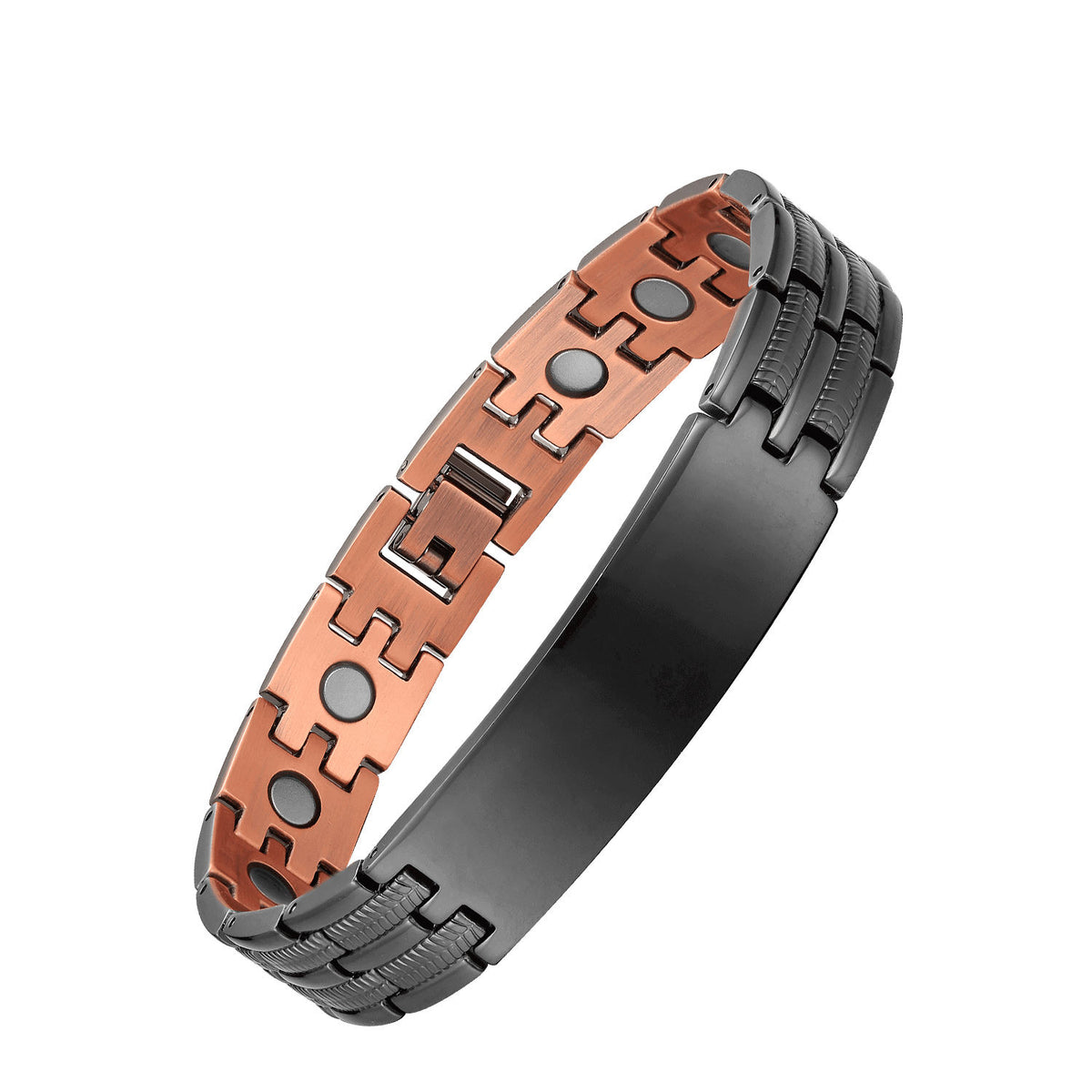 Black textured-link copper bracelet with a smooth blank engraving plate