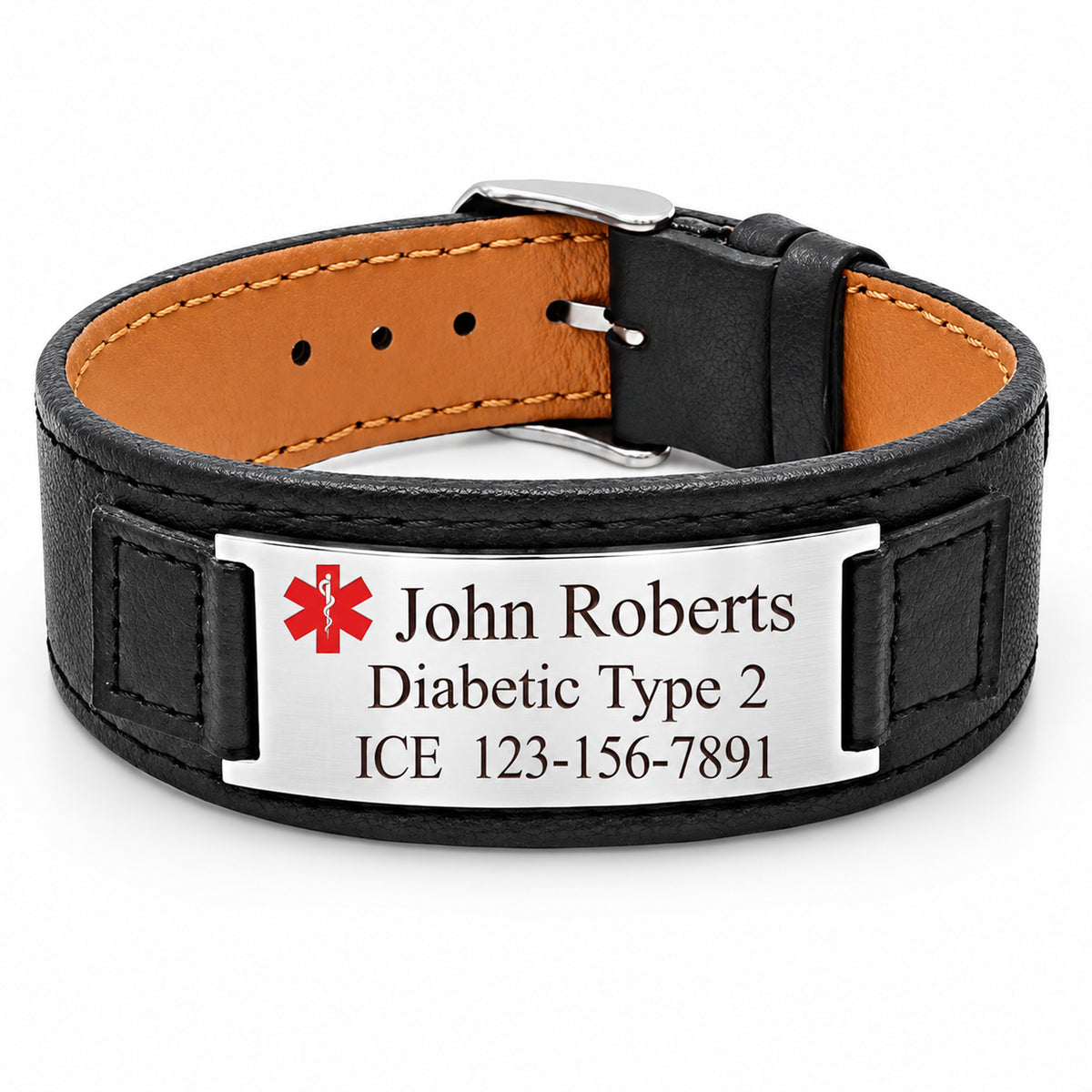 USMedID engraved leather bracelet on a clean white background.