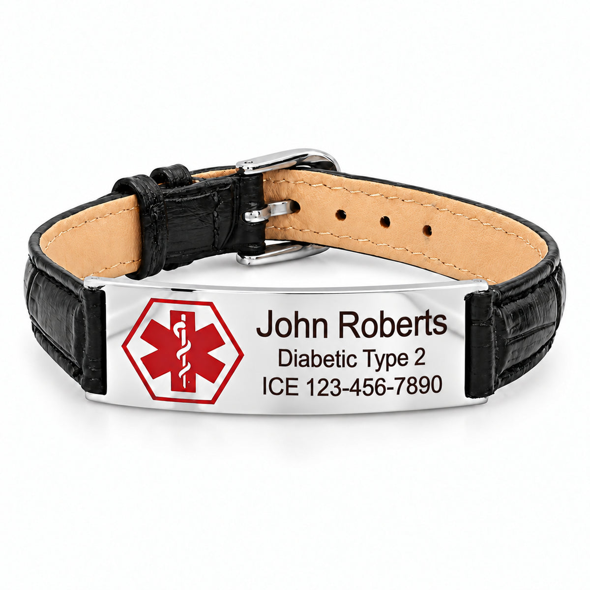 USMedID textured leather bracelet with Arial sample engraving and a larger name; brown-black text on a silver plate.