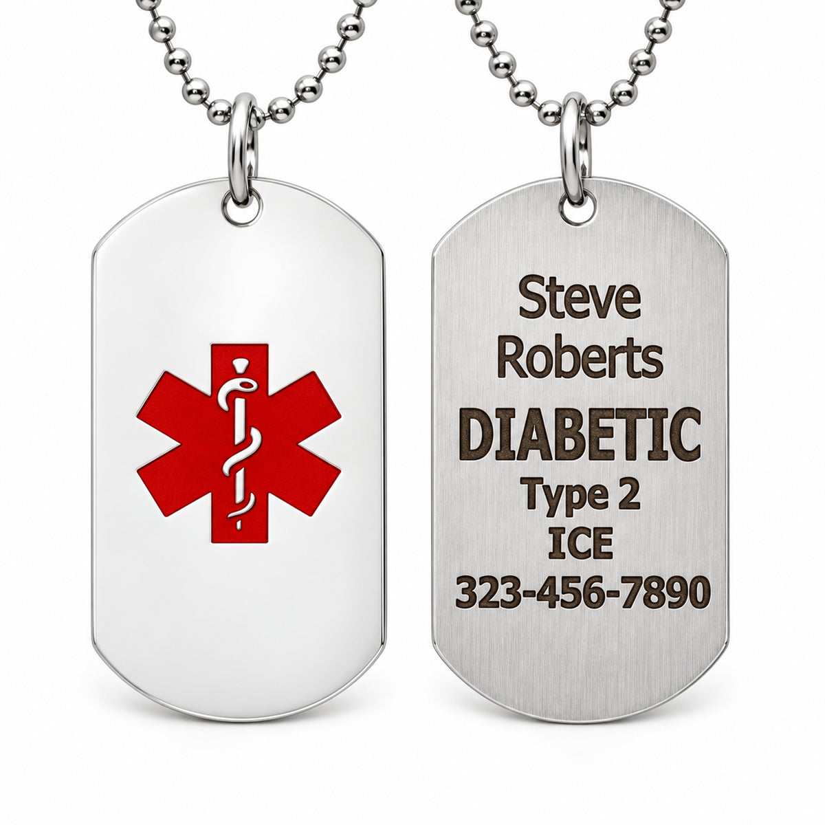 USMedID silver dog tag front and back on a clean white background.
