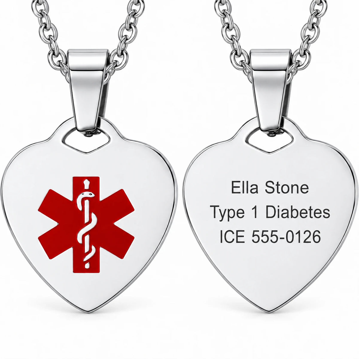 Personalized Heart Shaped Stainless Steel Medical Alert Necklace — sample personalized engraving on the reverse
