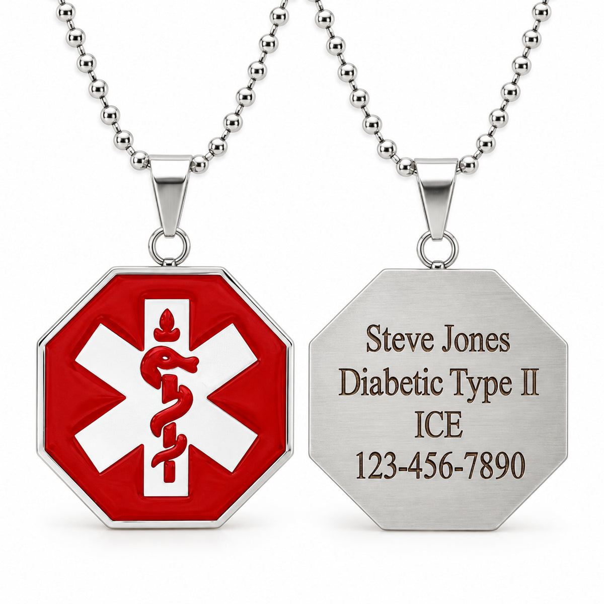 USMedID red octagonal pendant on a clean white background.
