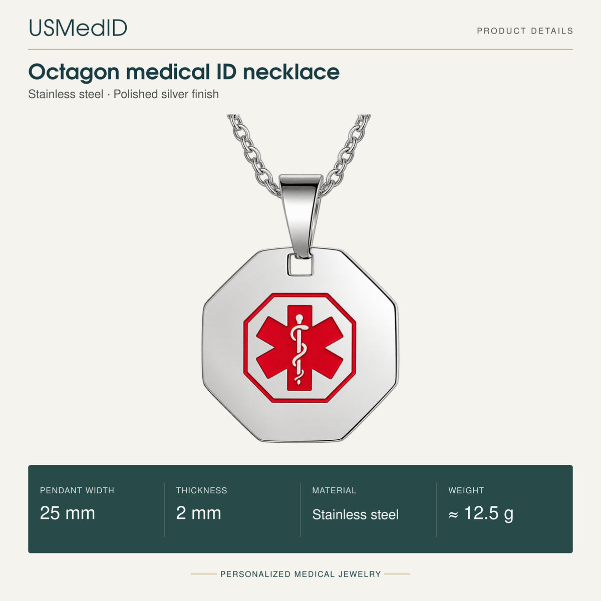 USMedID polished silver octagon medical ID necklace with red medical symbol; 25 mm pendant width, 2 mm thickness, stainless steel, approximately 12.5 g.