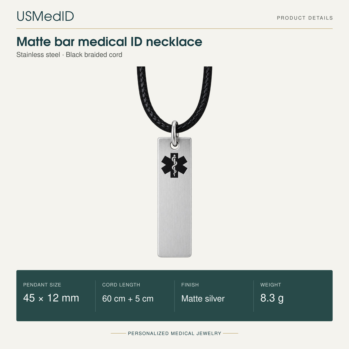 USMedID matte silver bar medical ID necklace with black braided cord and black medical symbol; 45 by 12 mm pendant, 60 cm cord plus 5 cm extension, 8.3 g.