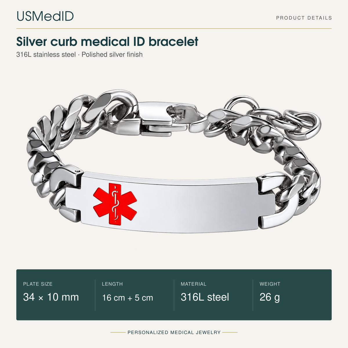 USMedID polished silver curb-chain medical ID bracelet with red medical symbol; 34 by 10 mm plate, 16 cm plus 5 cm extension, 316L stainless steel, 26 g.