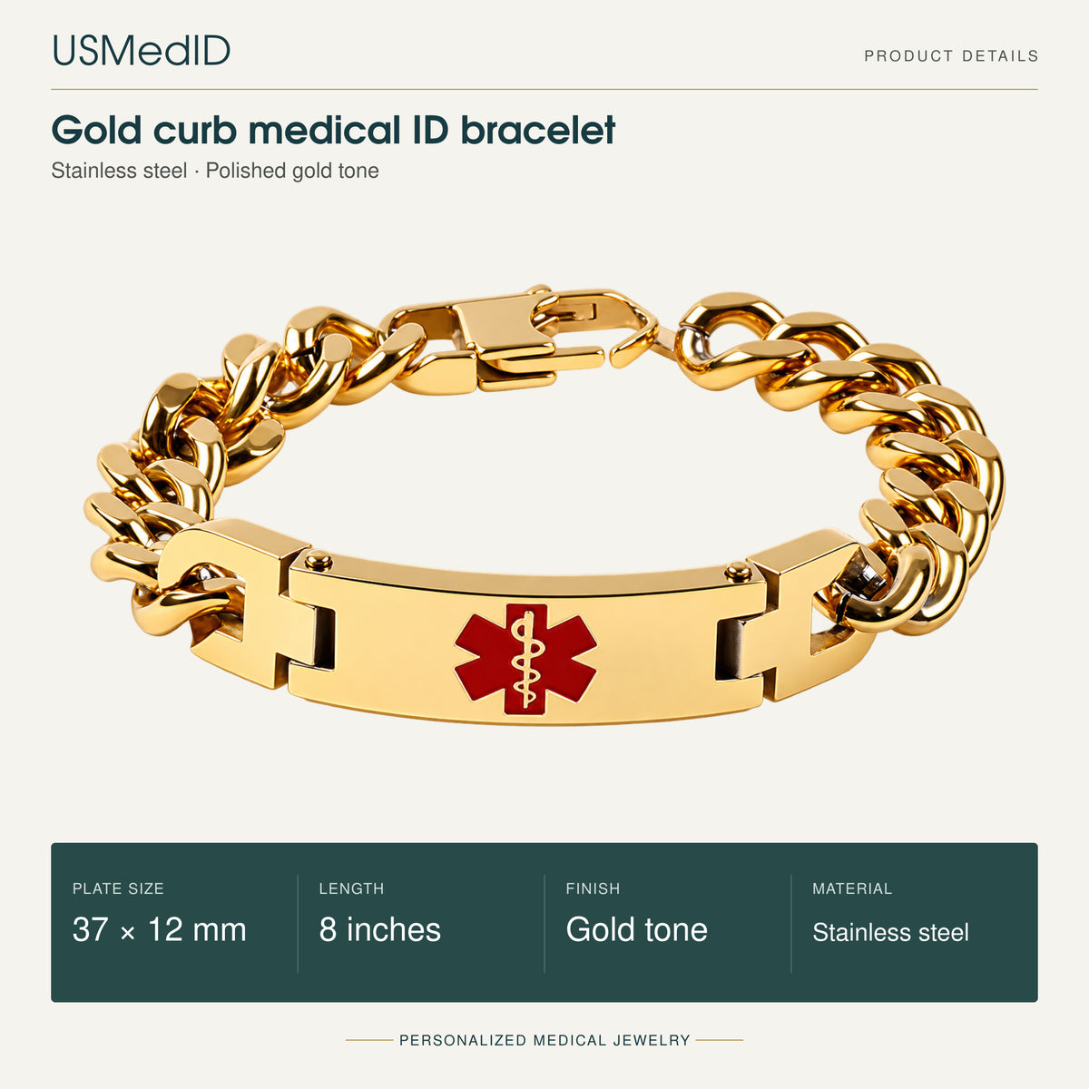 USMedID gold-tone stainless steel curb-chain medical ID bracelet with centered red medical symbol; 37 by 12 mm plate and 8-inch length.