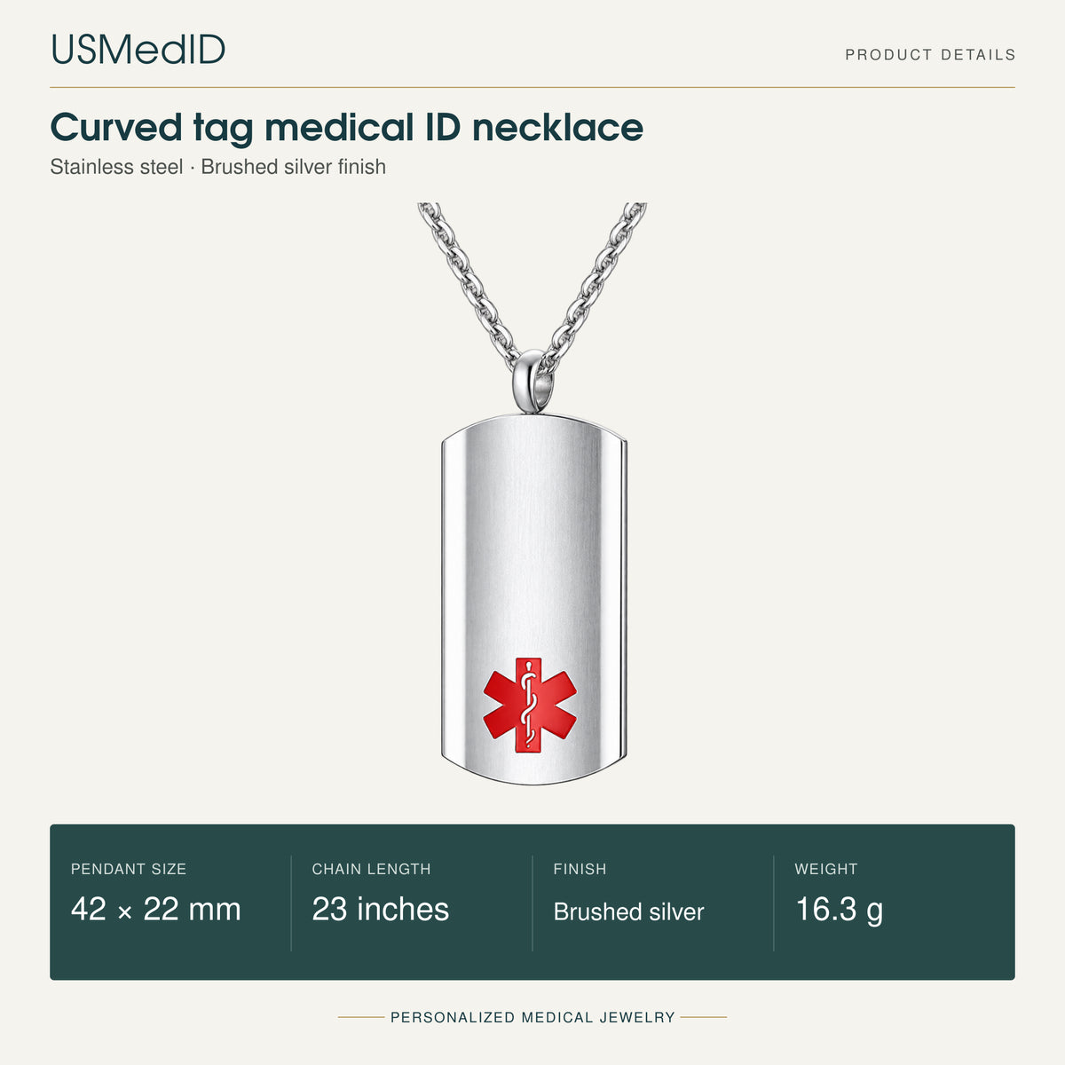 USMedID curved brushed silver medical ID tag necklace with red medical symbol; 42 by 22 mm pendant, 23-inch chain, 16.3 g.