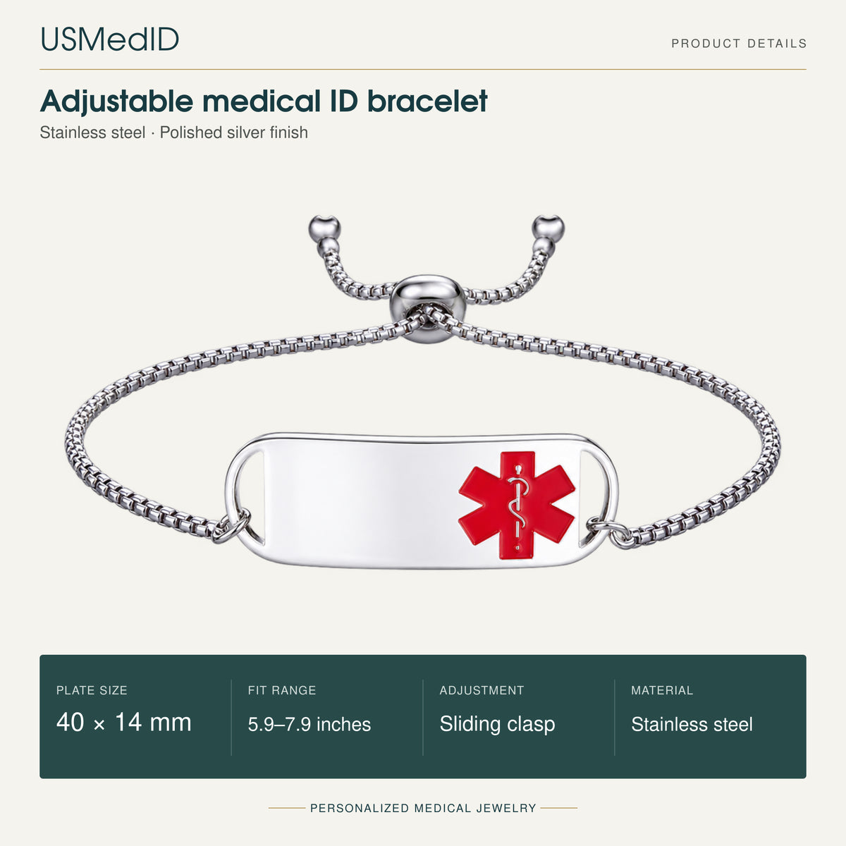 USMedID polished silver adjustable medical ID bolo bracelet with red medical symbol; approximately 40 by 14 mm plate, 5.9 to 7.9-inch fit range and sliding clasp.
