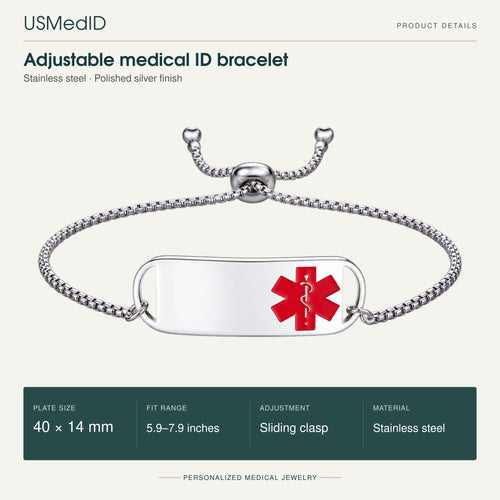 USMedID polished silver adjustable medical ID bolo bracelet with red medical symbol; approximately 40 by 14 mm plate, 5.9 to 7.9-inch fit range and sliding clasp.