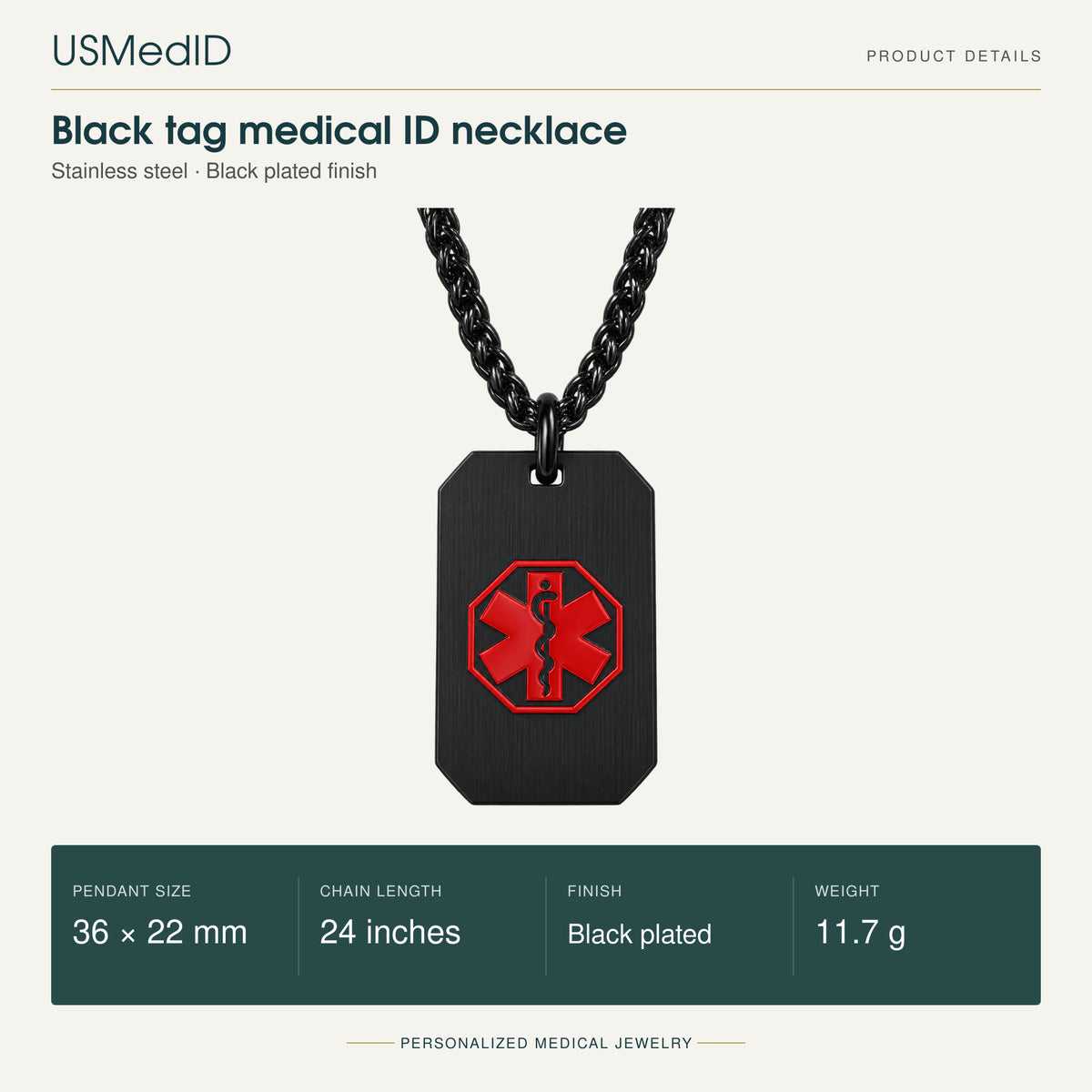 USMedID black plated stainless steel medical ID tag necklace with red symbol and octagonal outline; 36 by 22 mm pendant, 24-inch chain, 11.7 g.