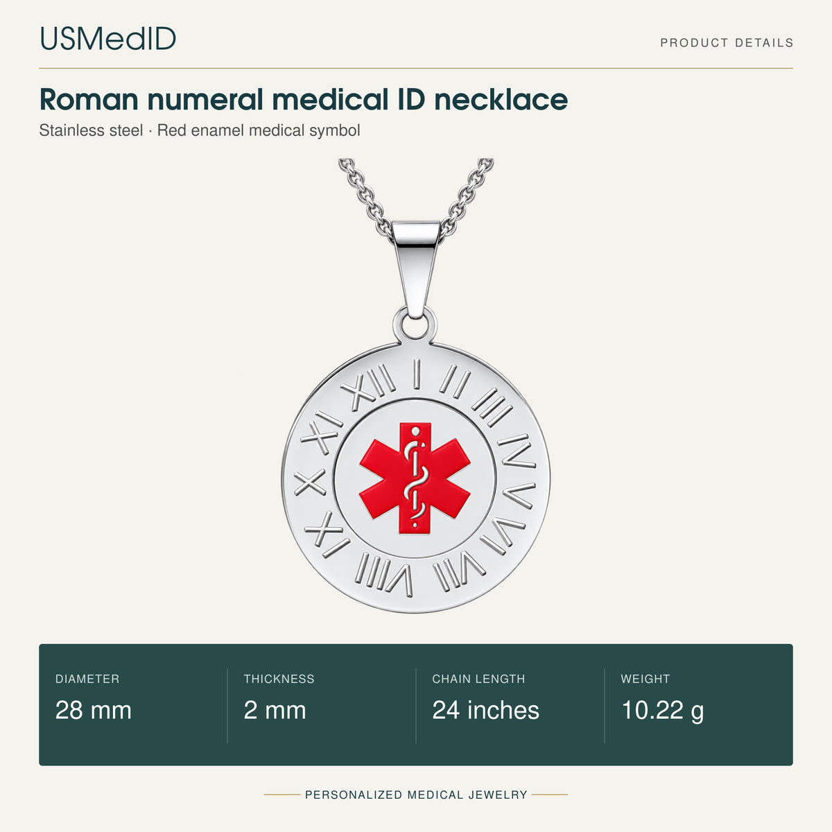 USMedID silver Roman numeral medical ID necklace with red enamel medical symbol; 28 mm diameter, 2 mm thickness, 24-inch chain, 10.22 g.