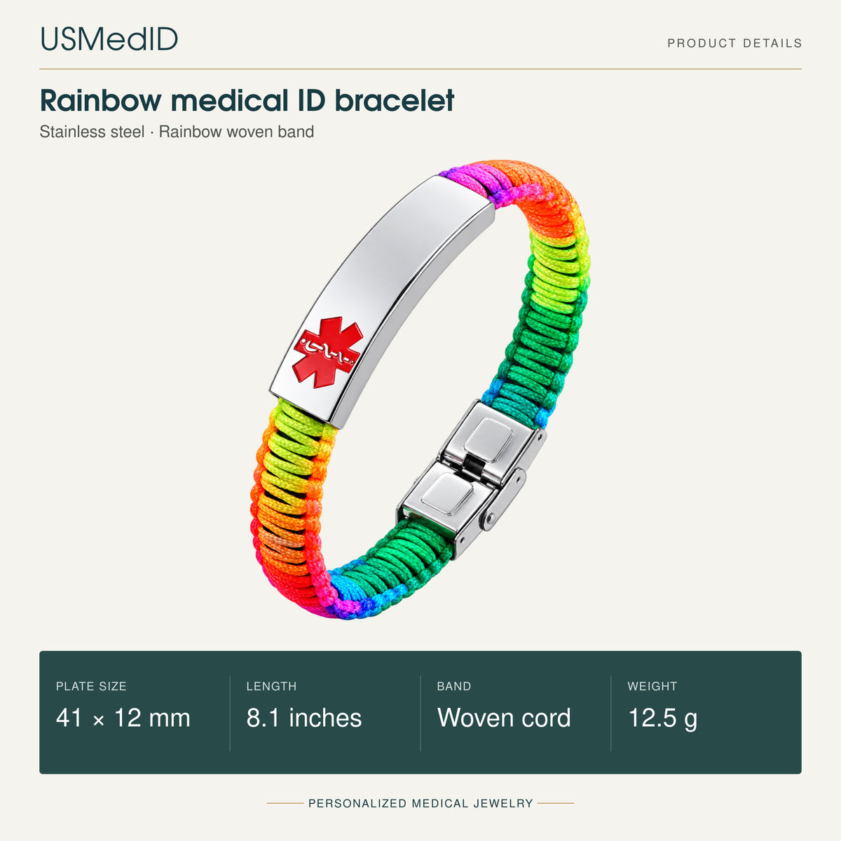 USMedID rainbow woven-cord medical ID bracelet with polished silver plate and red medical symbol; 41 by 12 mm plate, 8.1-inch length, 12.5 g.