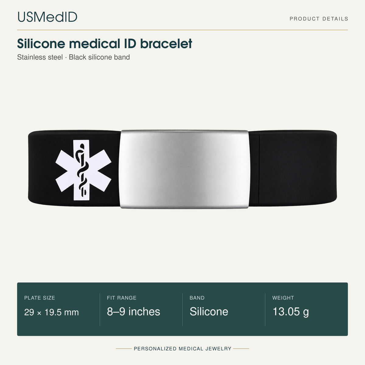 USMedID black silicone medical ID bracelet with white medical symbol on the band and blank silver stainless steel plate; 29 by 19.5 mm plate, 8 to 9-inch stretch fit, 13.05 g.
