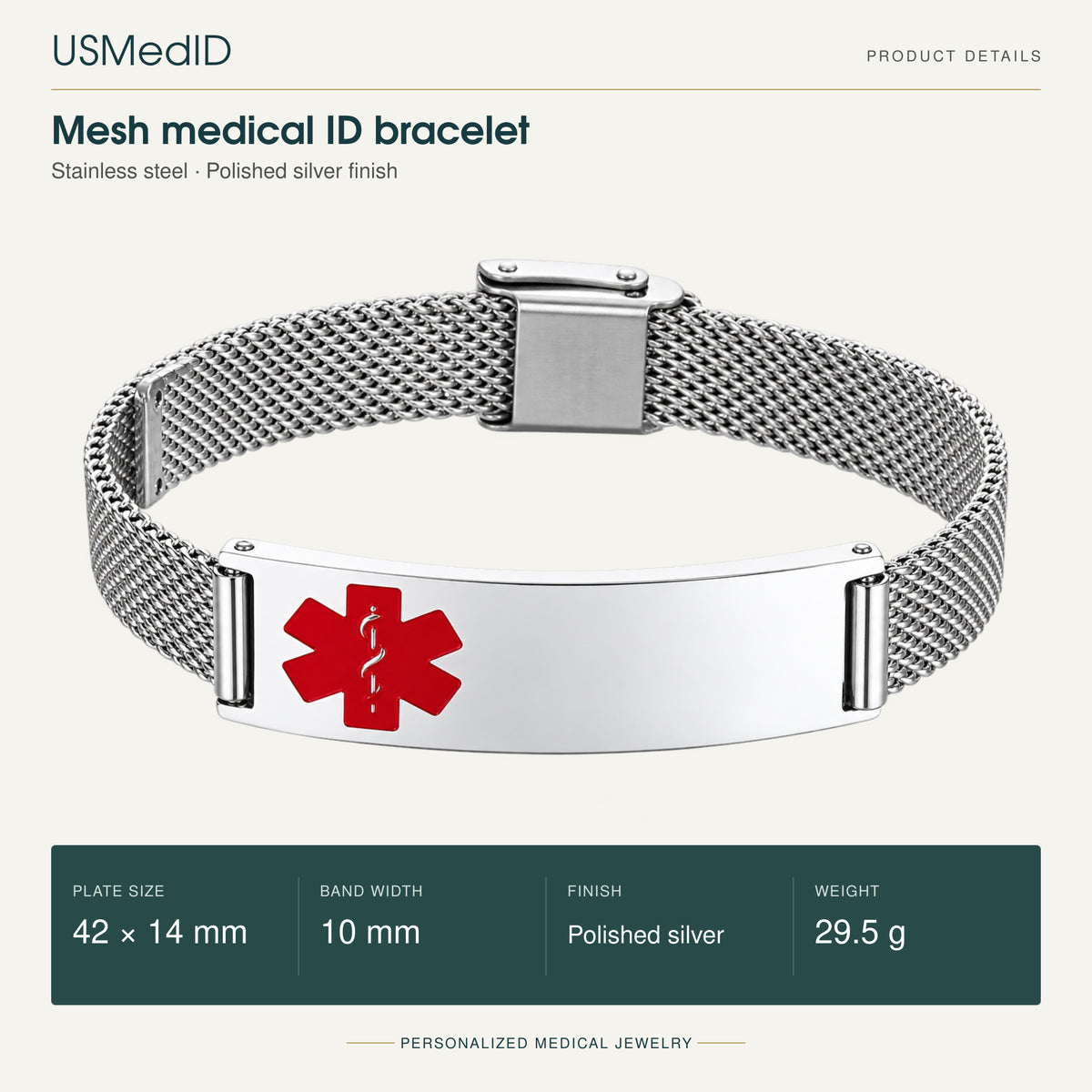 USMedID polished silver stainless steel mesh medical ID bracelet with red medical symbol; 42 by 14 mm plate, 10 mm mesh band width, 29.5 g.