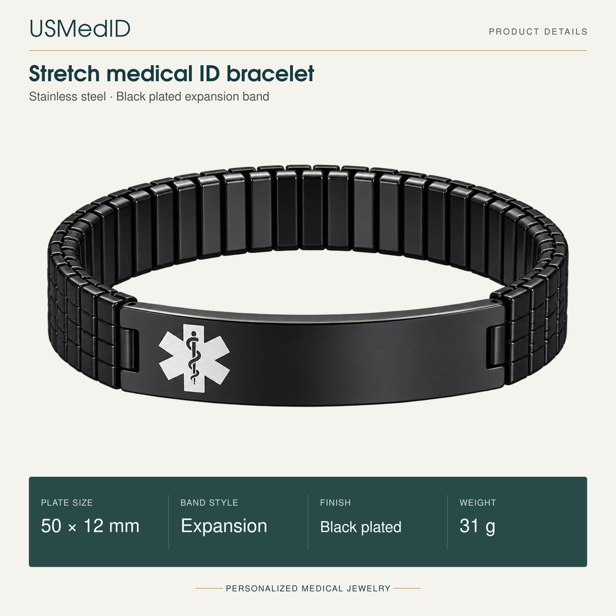 USMedID black plated stainless steel stretch medical ID bracelet with white medical symbol; 50 by 12 mm plate, flexible expansion band, 31 g.
