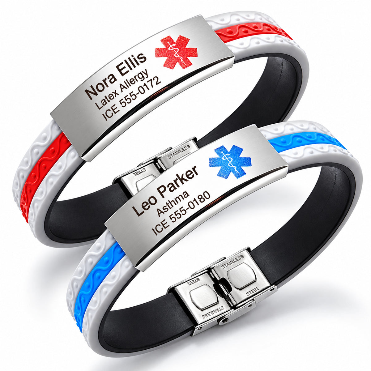 Personalized Adjustable Silicone Medical ID Bracelet – Engraved Alert Band. Product photo with fictional sample engraving in Arial, a larger name, and brown-black text on a silver plate.