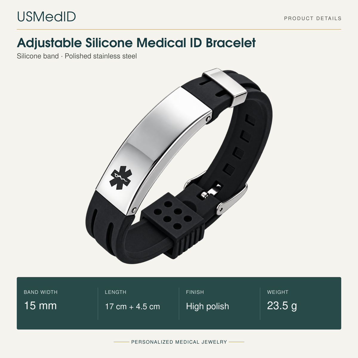 USMedID adjustable silicone medical ID bracelet product details: 15 mm band, 17 cm plus 4.5 cm length, polished stainless steel plate, 23.5 g.