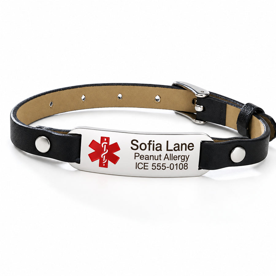 Slim Black Leather Medical ID Bracelet