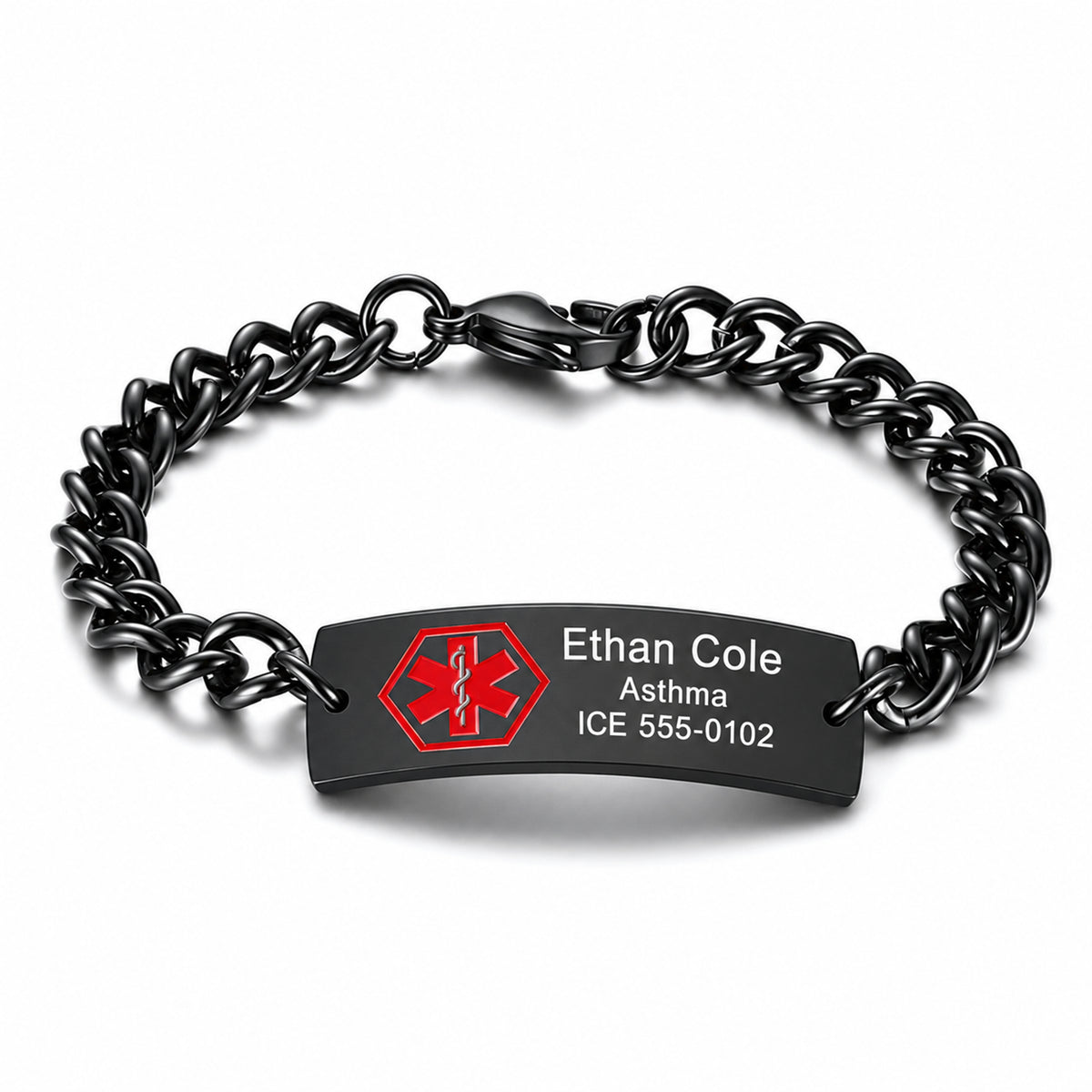 Black stainless steel chain medical ID bracelet with white Ethan Cole sample engraving and its red medical emblem.