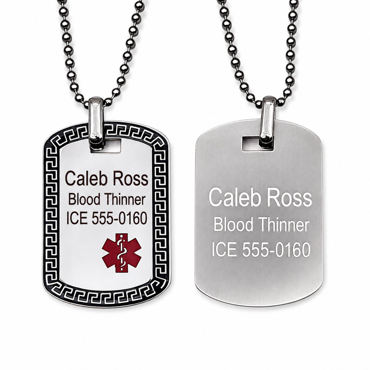 Silver medical dog tag front and back with Caleb Ross sample engraving: brown-black letters on the bordered front and white letters on the plain silver back.
