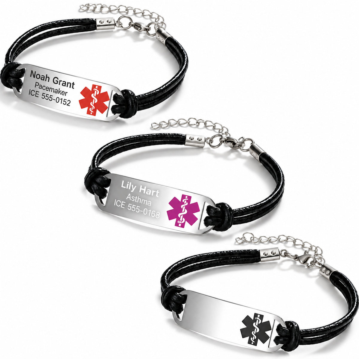 Three black leather medical ID bracelet options: brown-black sample engraving on the red-symbol plate, white sample engraving on the purple-symbol plate, and a blank black-symbol plate.