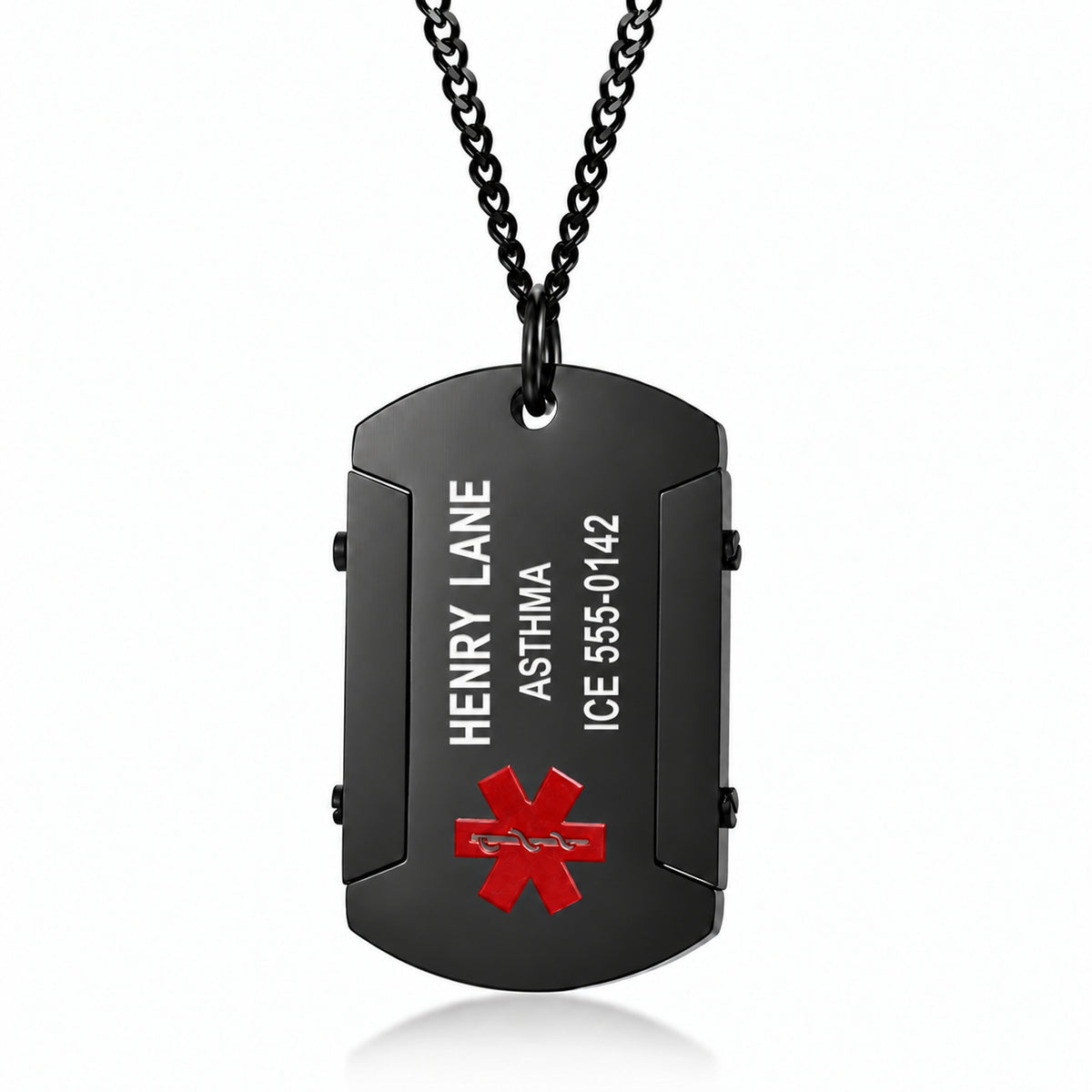 Personalized Black Stainless Steel Medical Alert Necklace – Dog Tag Style Pendant with Chain — white vertical sample engraving, reads bottom-to-top