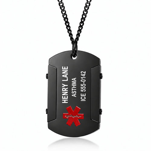 Personalized Black Stainless Steel Medical Alert Necklace – Dog Tag Style Pendant with Chain — white vertical sample engraving, reads bottom-to-top