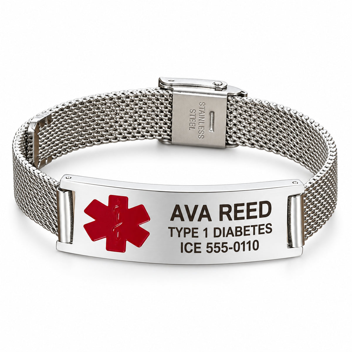 Quality Mesh Medical ID Bracelet - Free Engraving — sample personalized engraving