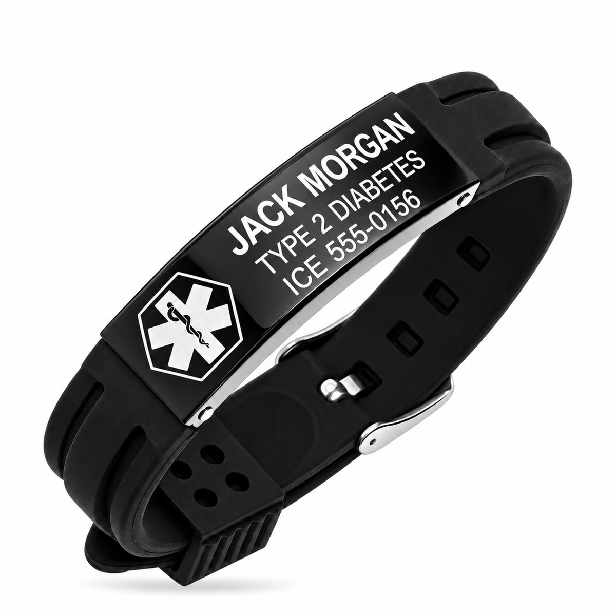 Personalized Black Stainless Steel With Black Rubber Medical Bracelet- Free Engraving — sample personalized engraving
