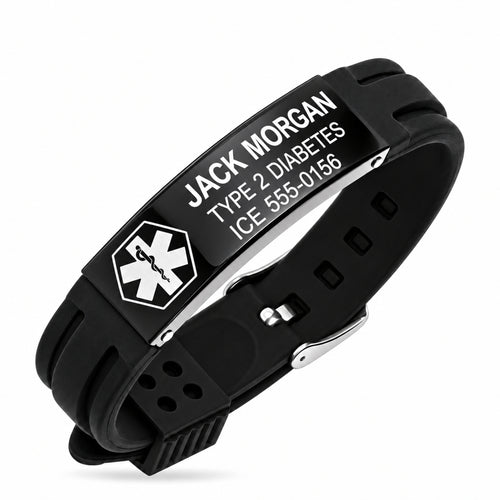 Personalized Black Stainless Steel With Black Rubber Medical Bracelet- Free Engraving — sample personalized engraving