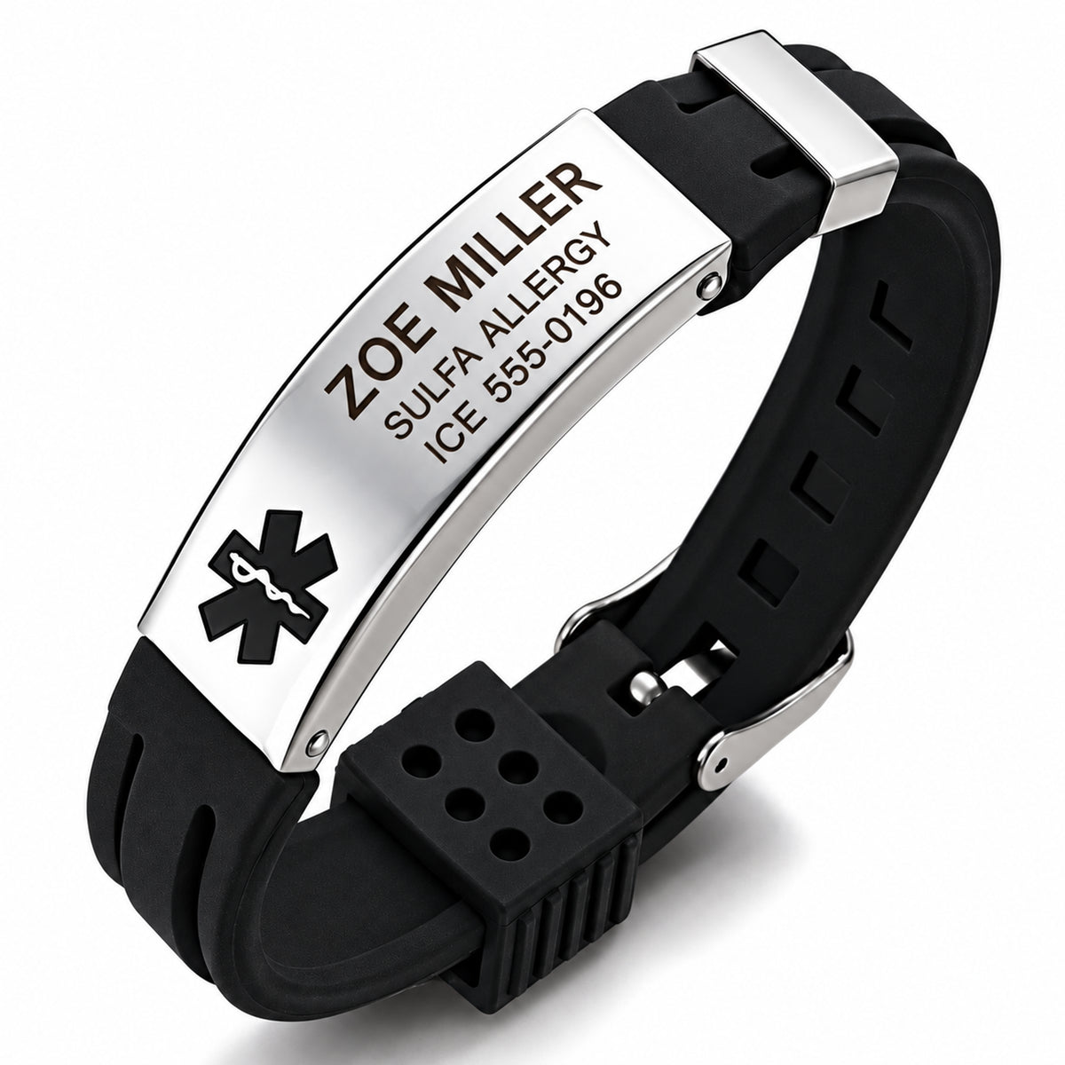 Personalized Black Stainless Steel With Black Rubber Medical Bracelet — sample personalized engraving
